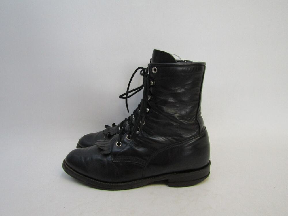 JUSTIN Womens Sz 6 C (Wide Width) Black Leather Laces Kilt Cowboy Western Boots